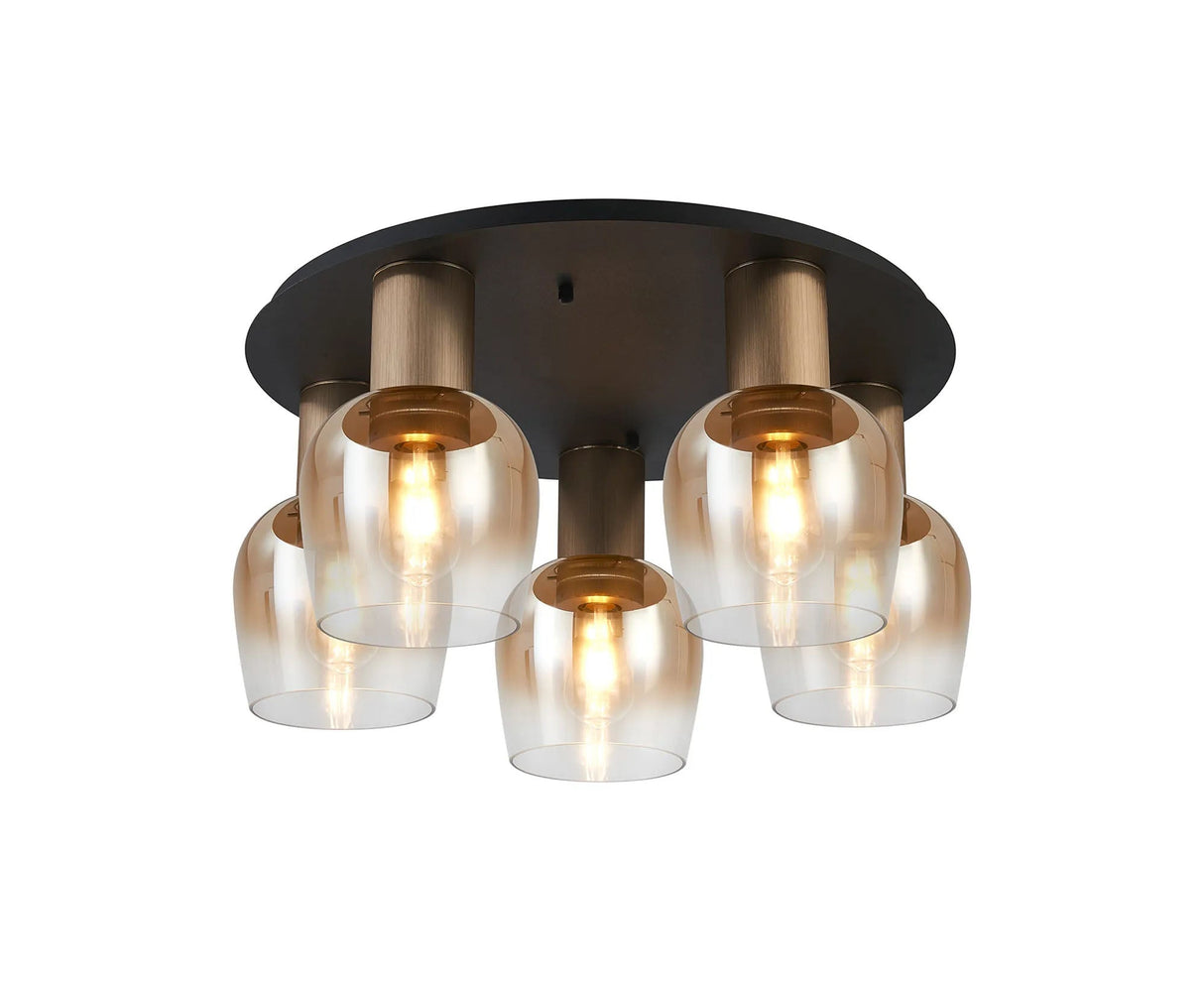 Withe 60cm Round Ceiling Light, 5 x E27, Titanium Gold/Satin Black/Amber Fade Wine Glass