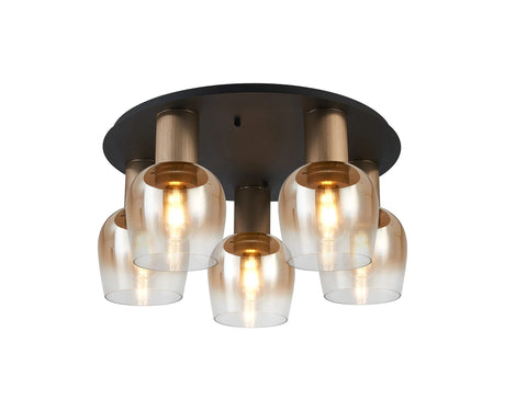 Withe 60cm Round Ceiling Light, 5 x E27, Titanium Gold/Satin Black/Amber Fade Wine Glass