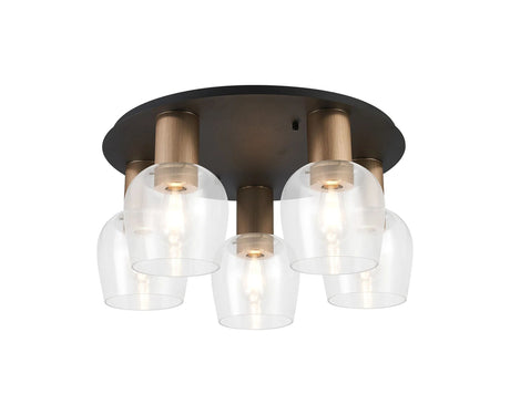 Withe 60cm Round Ceiling Light, 5 x E27, Titanium Gold/Satin Black/Clear Wine Glass