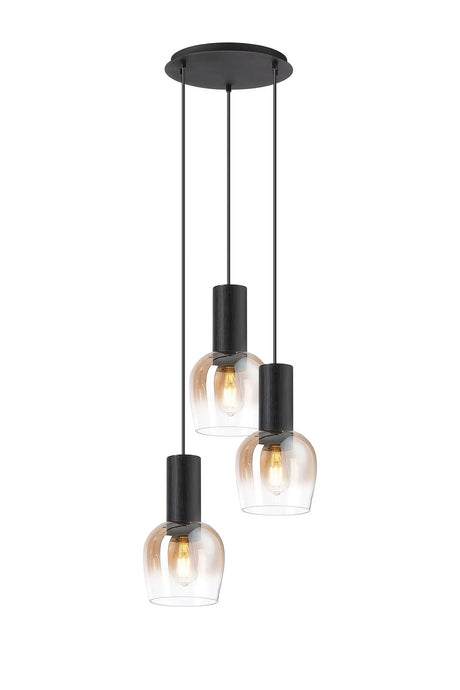 Withe 44.5cm Round Pendant, 3 x E27, Satin Black/Amber Fade Wine Glass