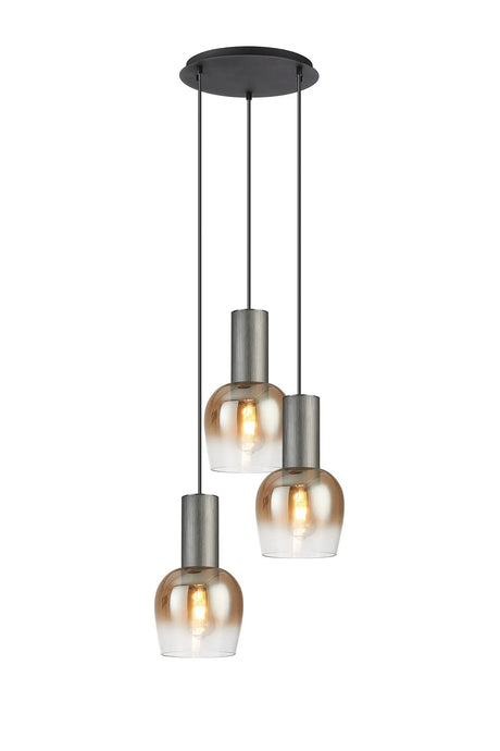 Withe 44.5cm Round Pendant, 3 x E27, Gun Metal/Satin Black/Amber Fade Wine Glass