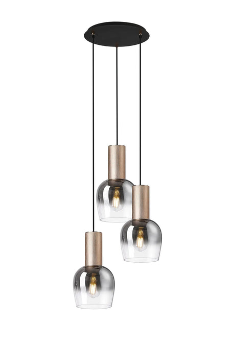 Withe 44.5cm Round Pendant, 3 x E27, Titanium Gold/Satin Black/Smoke Fade Wine Glass