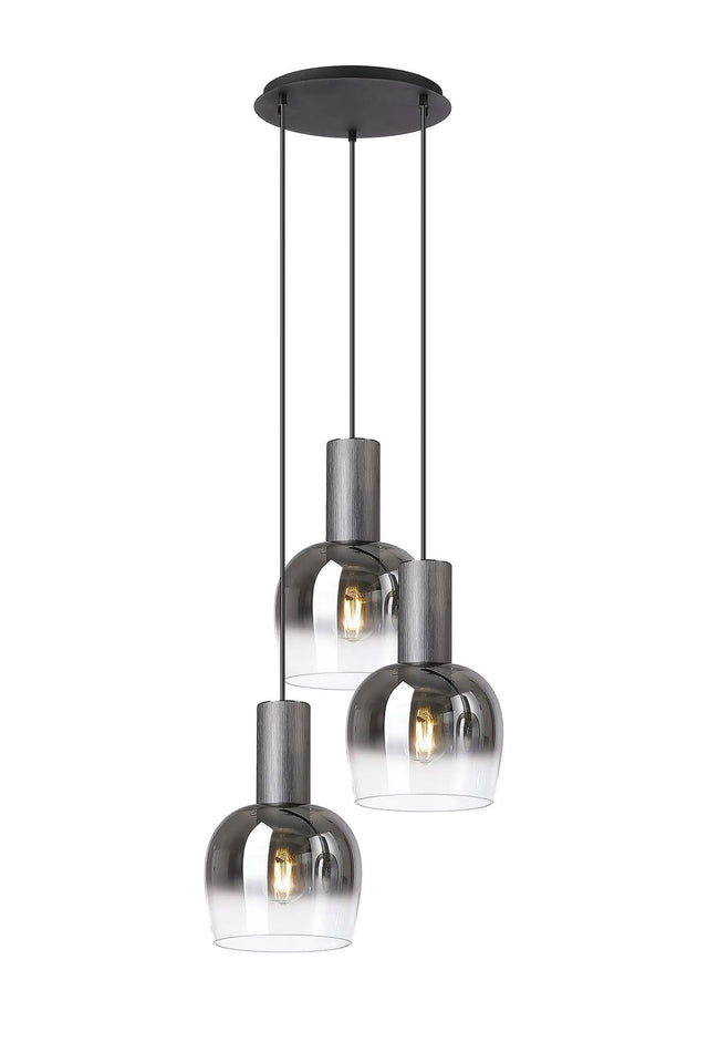 Withe 47.5cm Round Pendant, 3 x E27, Gun Metal/Satin Black/Smoke Fade Wine Glass