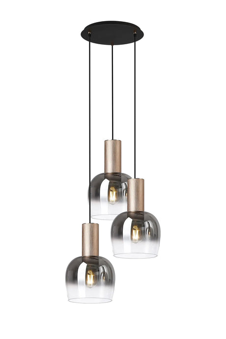 Withe 47.5cm Round Pendant, 3 x E27, Titanium Gold/Satin Black/Smoke Fade Wine Glass