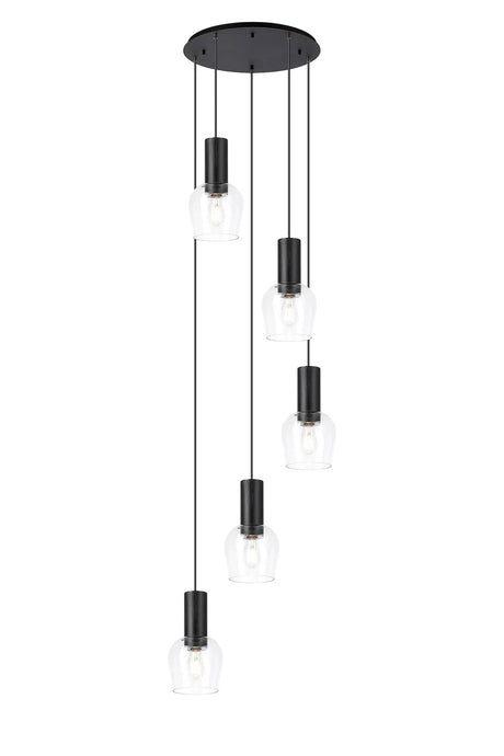 Withe 62.5cm Round Pendant, 5 x E27, Satin Black/Clear Wine Glass