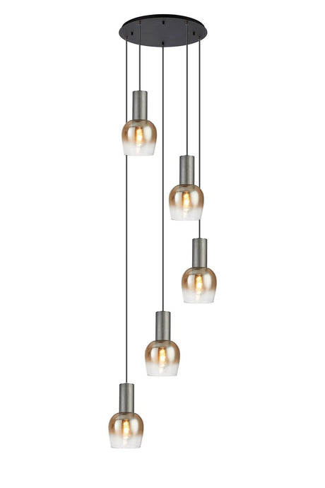 Withe 62.5cm Round Pendant, 5 x E27, Gun Metal/Satin Black/Amber Fade Wine Glass