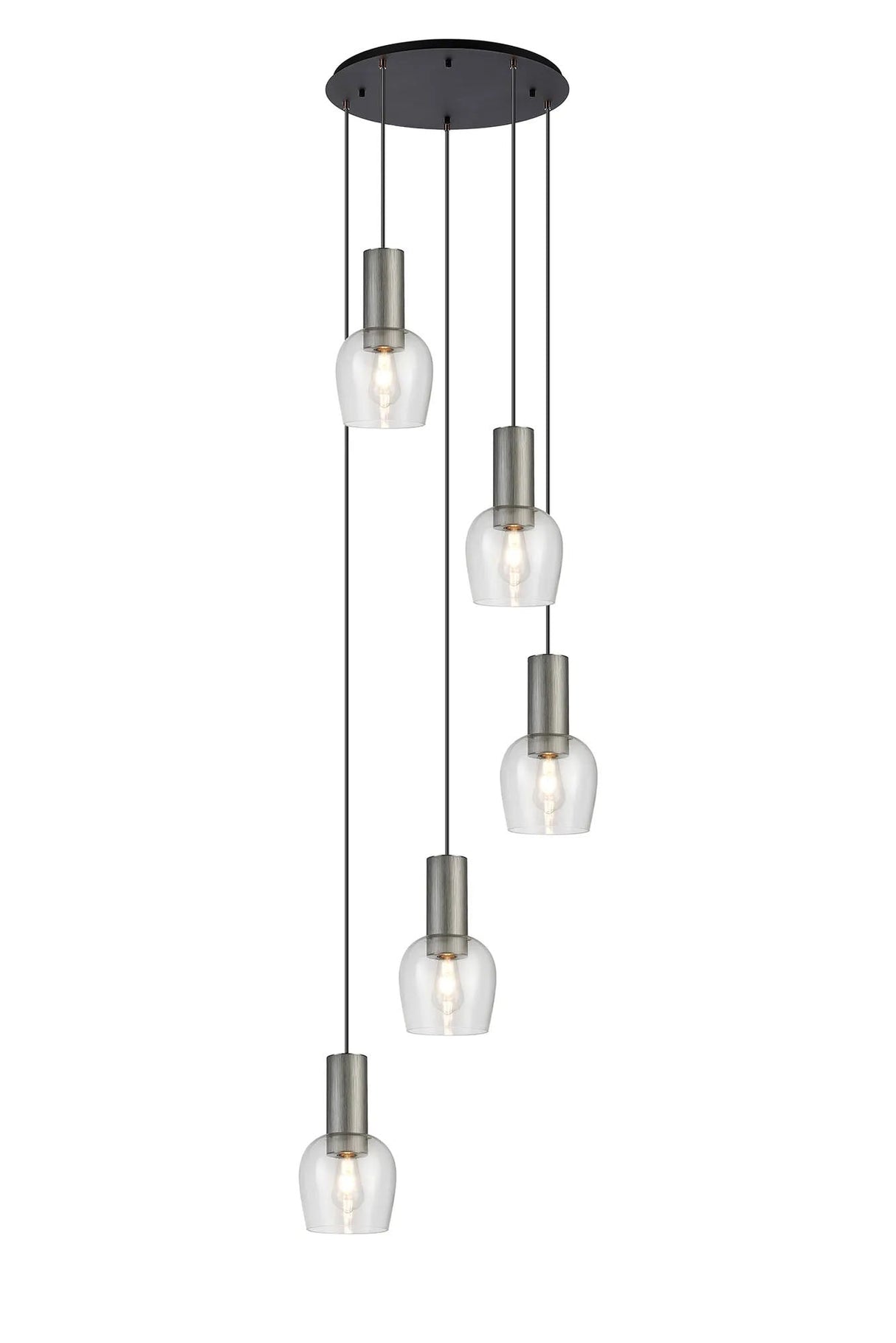 Withe 62.5cm Round Pendant, 5 x E27, Gun Metal/Satin Black/Clear Wine Glass