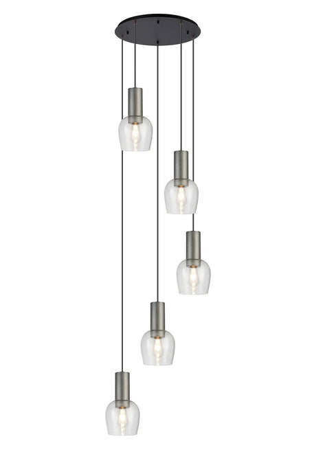 Withe 62.5cm Round Pendant, 5 x E27, Gun Metal/Satin Black/Clear Wine Glass