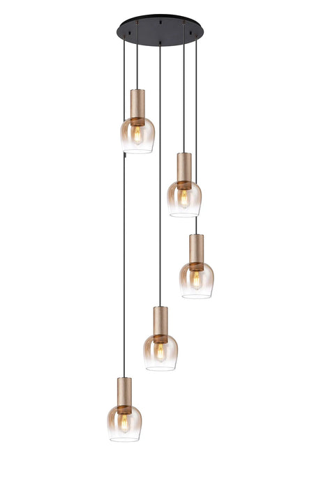 Withe 62.5cm Round Pendant, 5 x E27, Titanium Gold/Satin Black/Amber Fade Wine Glass