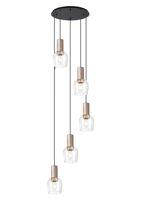Withe 62.5cm Round Pendant, 5 x E27, Titanium Gold/Satin Black/Clear Wine Glass