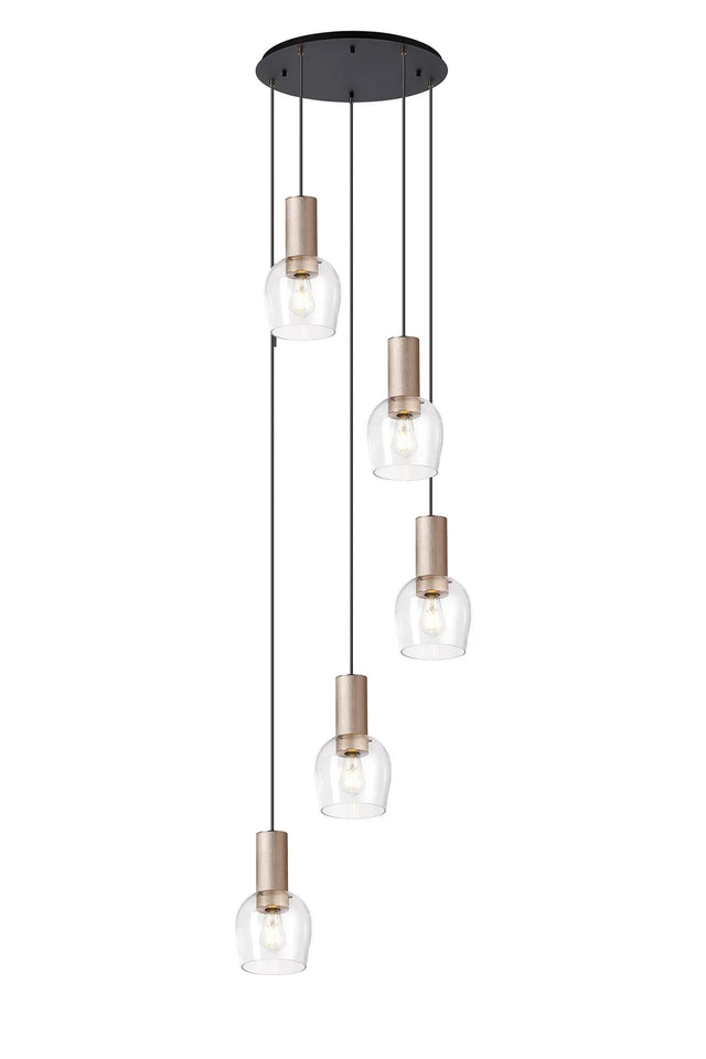 Withe 62.5cm Round Pendant, 5 x E27, Titanium Gold/Satin Black/Clear Wine Glass