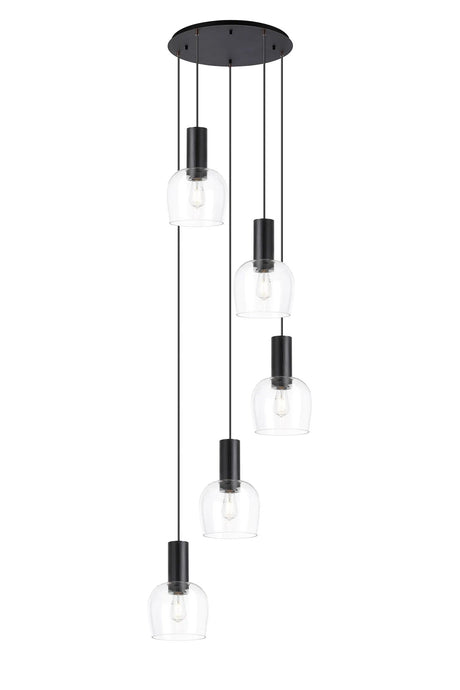 Withe 65.5cm Round Pendant, 5 x E27, Satin Black/Clear Wine Glass