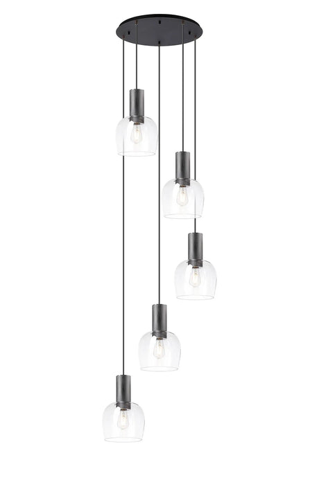 Withe 65.5cm Round Pendant, 5 x E27, Gun Metal/Satin Black/Clear Wine Glass