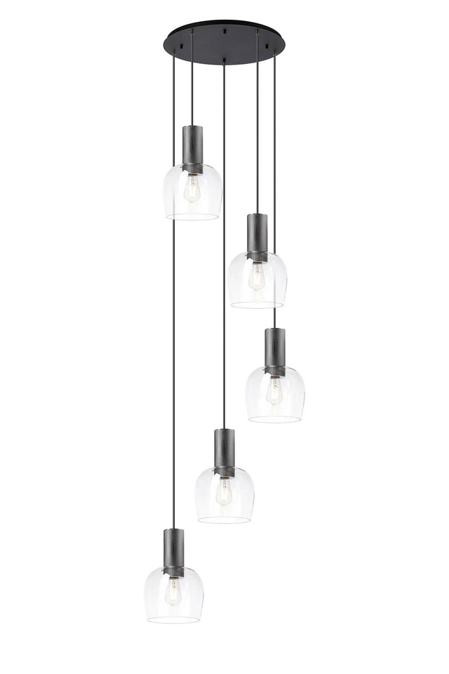 Withe 65.5cm Round Pendant, 5 x E27, Gun Metal/Satin Black/Clear Wine Glass