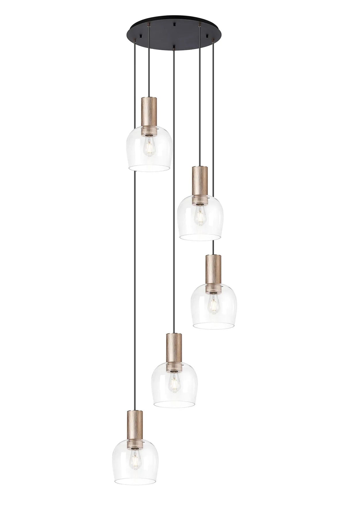 Withe 65.5cm Round Pendant, 5 x E27, Titanium Gold/Satin Black/Clear Wine Glass