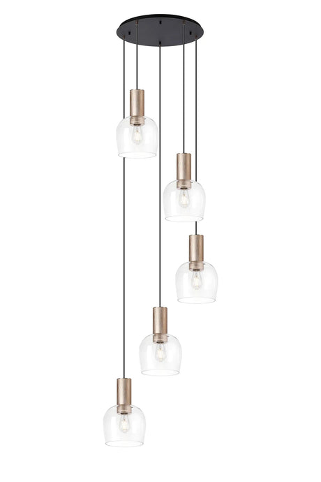 Withe 65.5cm Round Pendant, 5 x E27, Titanium Gold/Satin Black/Clear Wine Glass