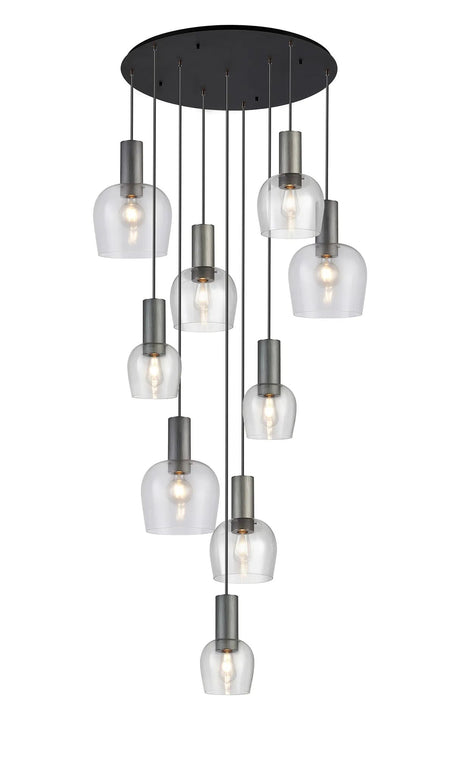 Withe 62.5cm Round Pendant, 9 x E27, Gun Metal/Satin Black/Clear Wine Glass Item Weight: 18kg