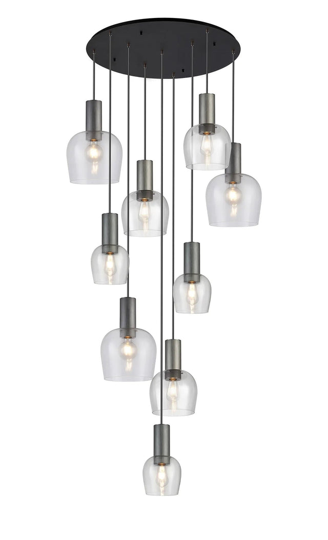 Withe 62.5cm Round Pendant, 9 x E27, Gun Metal/Satin Black/Clear Wine Glass Item Weight: 18kg