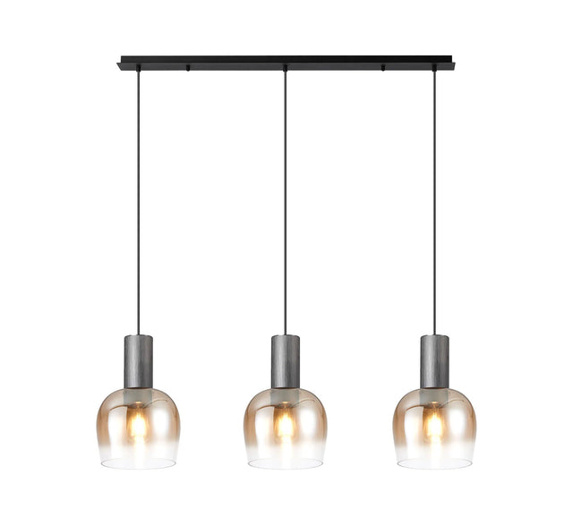 Withe Linear Pendant, 3 x E27, Gun Metal/Satin Black/Amber Fade Wine Glass