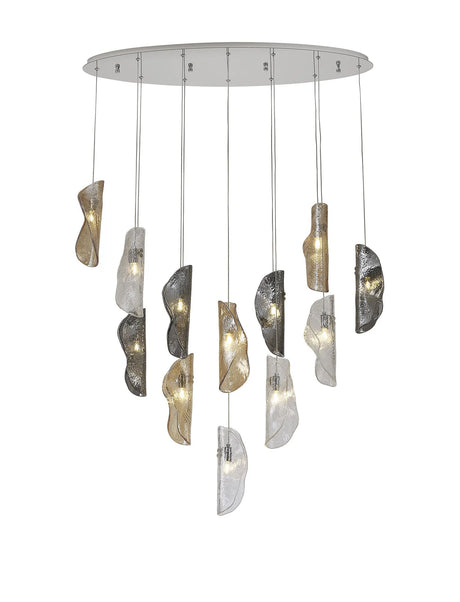 Young Oval Pendant 2m, 12 x G9, Polished Chrome/Clear & Amber & Smoked Glass