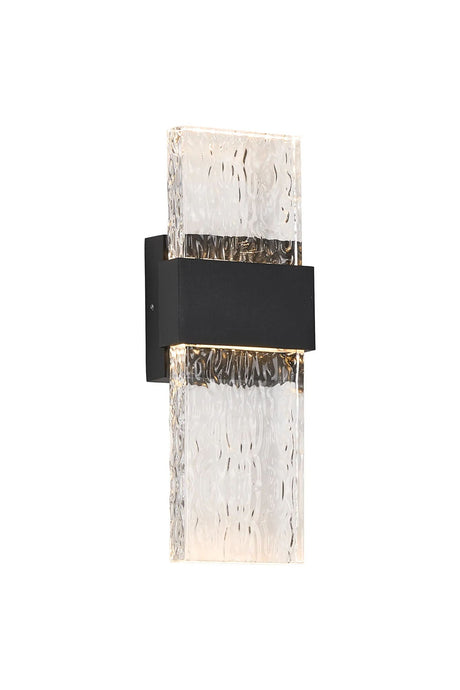 ZAKA Up/Down Wall Lamp, 2 x 5W LED, 3000K, 750lm, IP65, Black/Clear Seiche Waves Glass (A), 3yrs Warranty