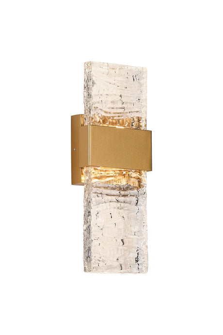 ZAKA Up/Down Wall Lamp, 2 x 5W LED, 3000K, 750lm, IP65, Satin Gold/Clear Ripple Waves Glass (B), 3yrs Warranty